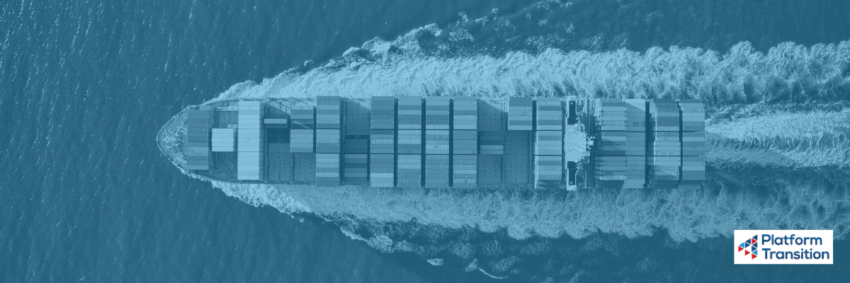 Overhead view of a cargo ship sailing in the ocean