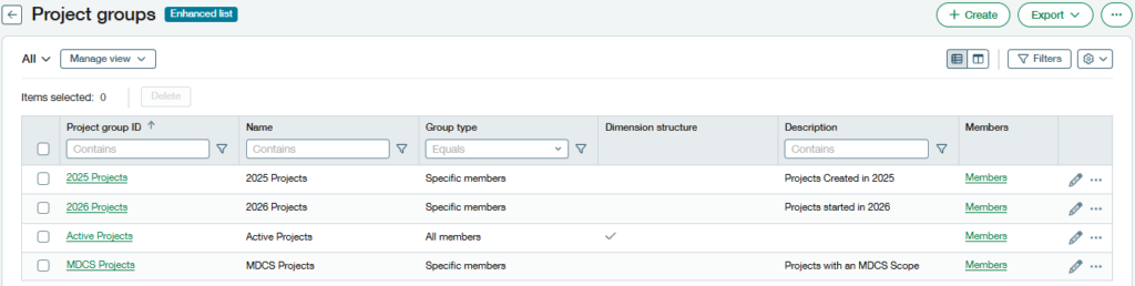 Screenshot of Sage Intacct showing how projects can be organized into groups using dimensions.